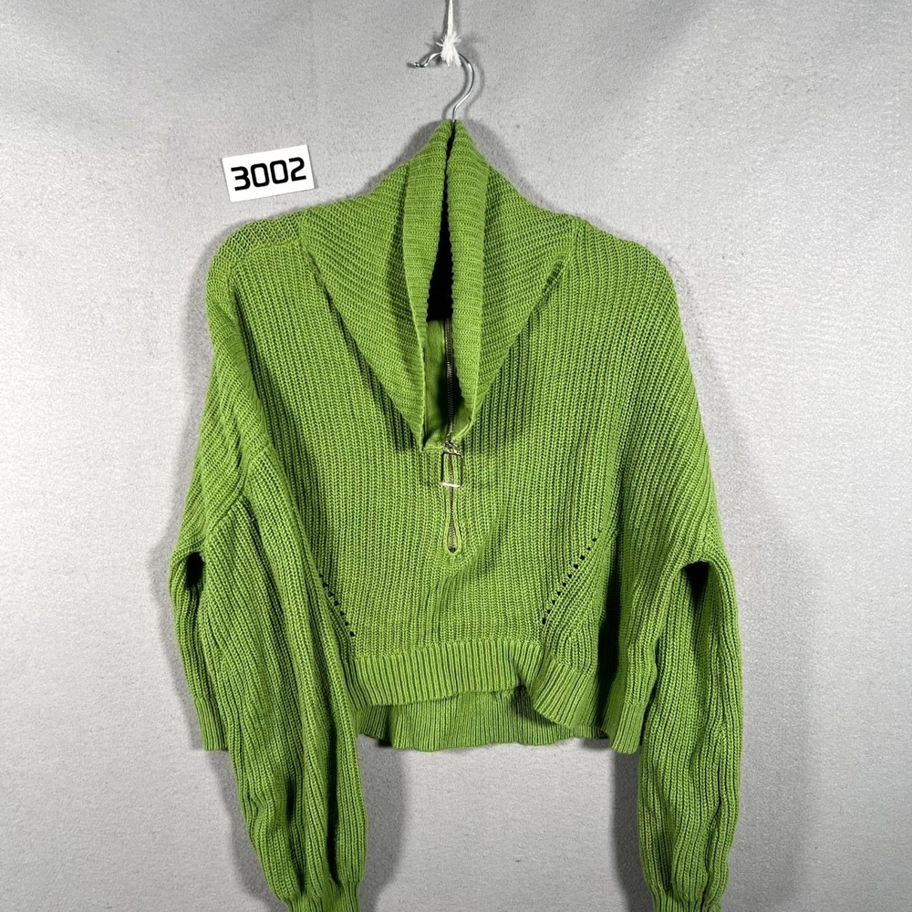 Forever 21 Sweater Womens L Green Quarter Zip Chunky Knit Cropped Balloon Sleeve